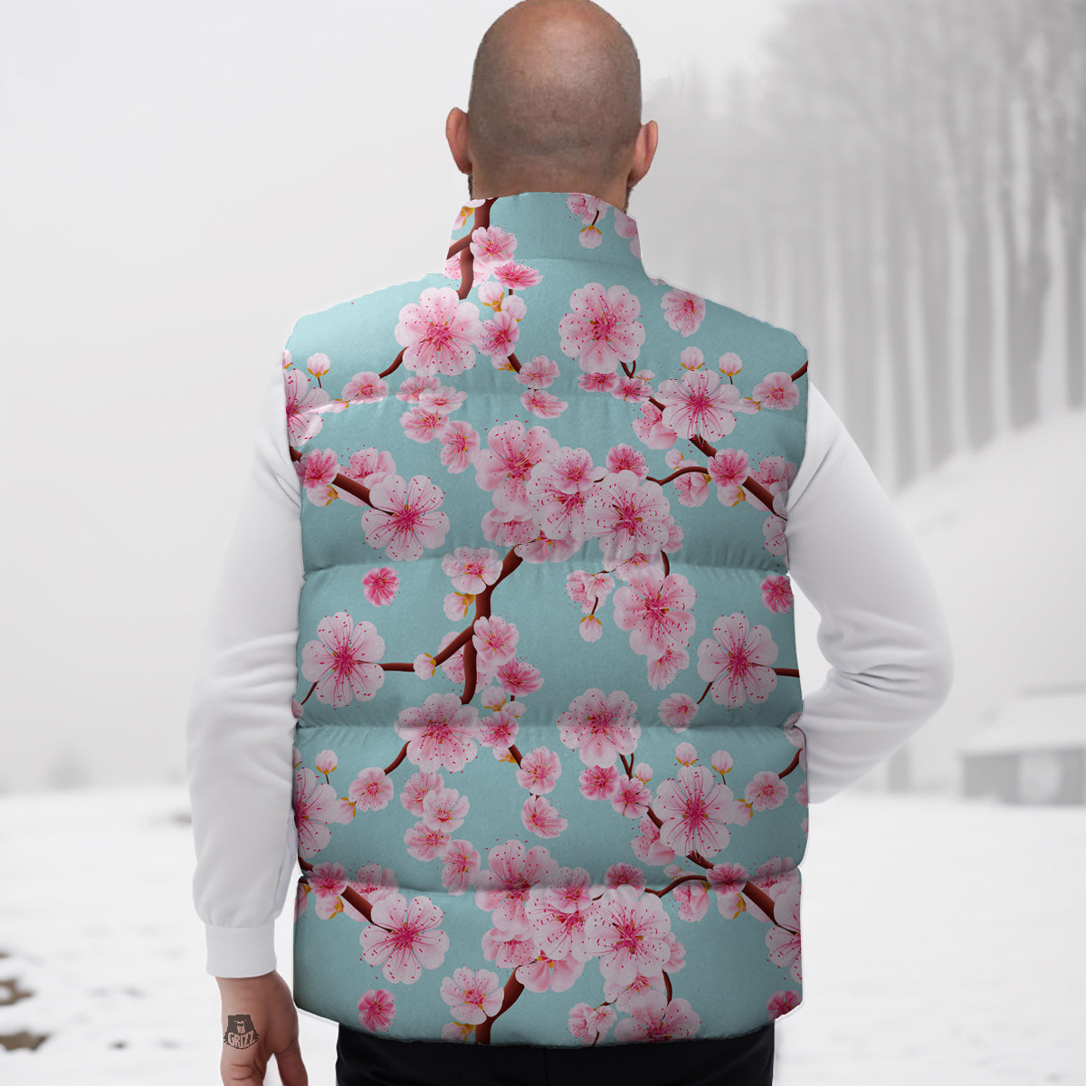 Cherry Blossom White Print Pattern Down Vest