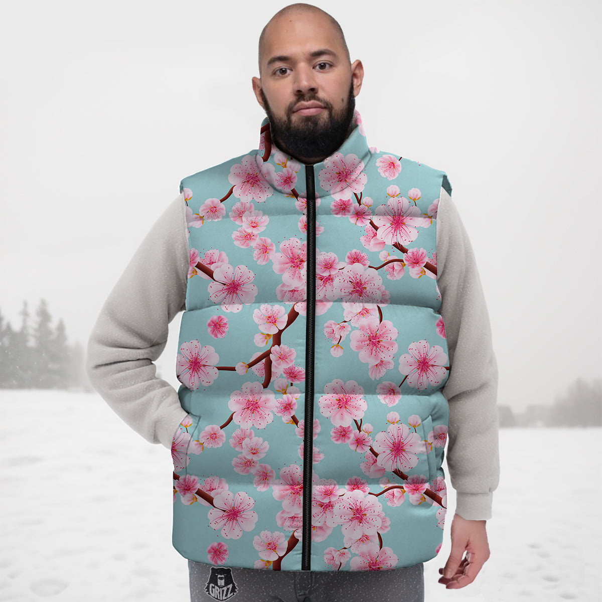 Cherry Blossom White Print Pattern Down Vest