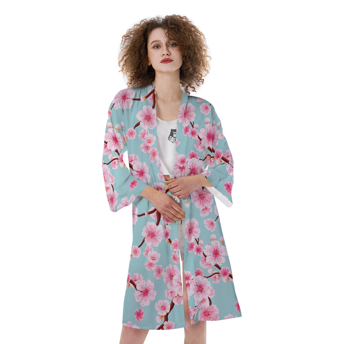 Cherry Blossom White Print Pattern Kimono-grizzshop