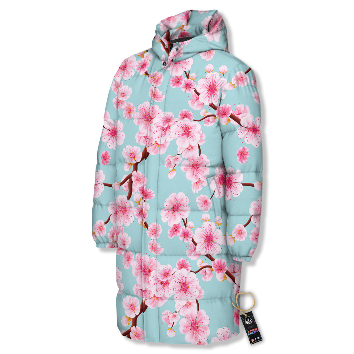 Cherry Blossom White Print Pattern Long Down Jacket-grizzshop