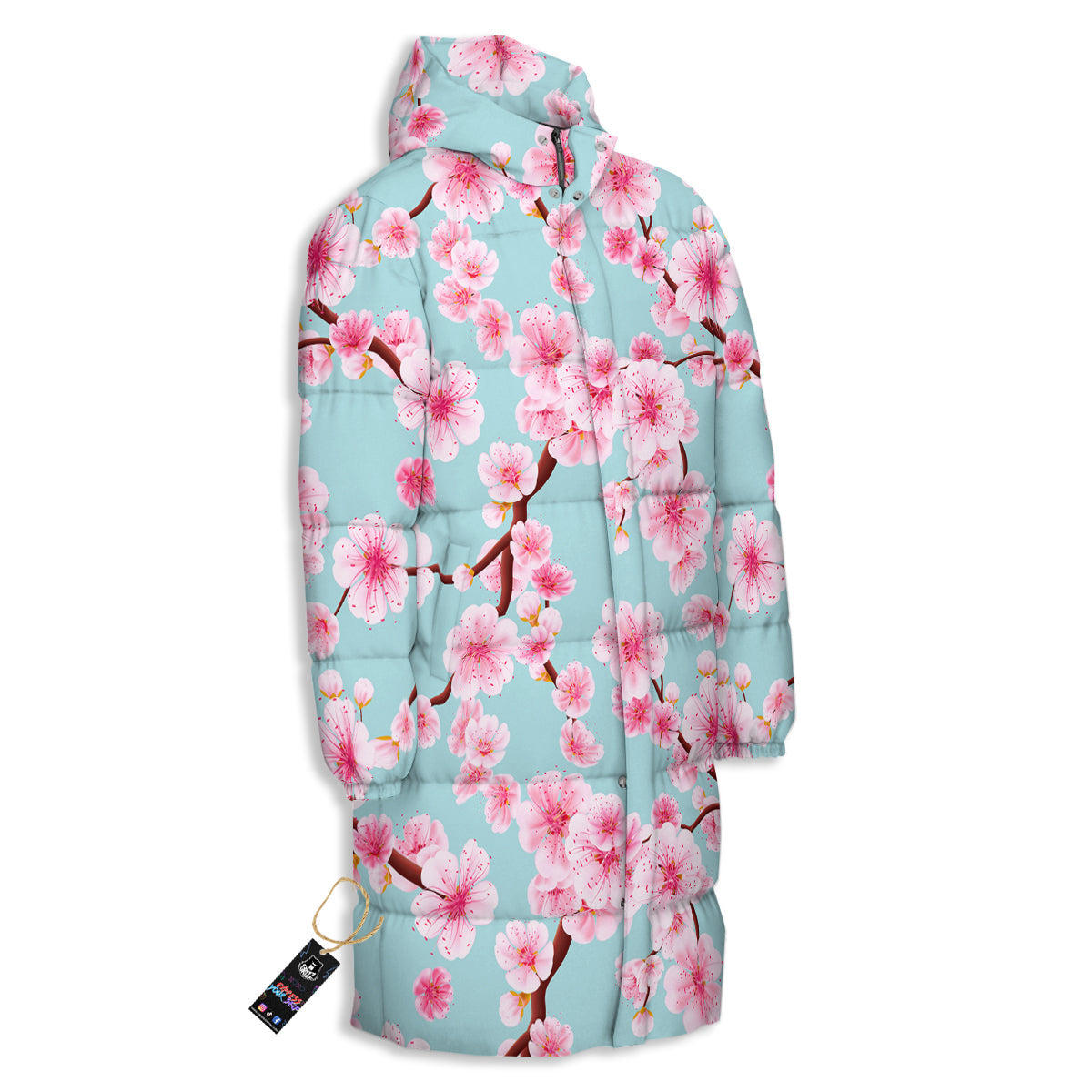 Cherry Blossom White Print Pattern Long Down Jacket-grizzshop