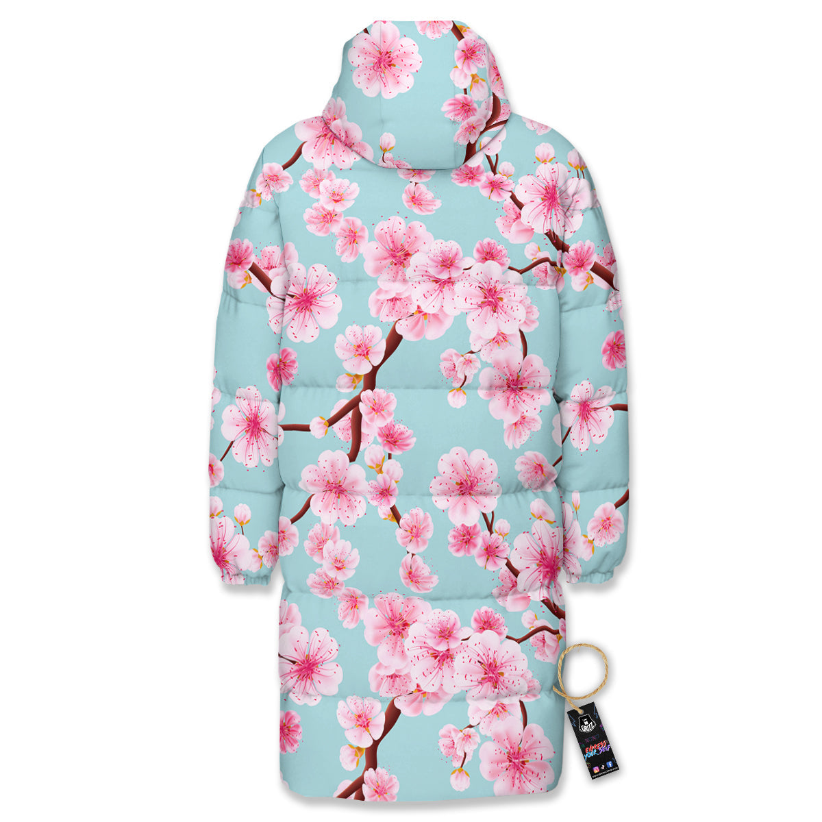 Cherry Blossom White Print Pattern Long Down Jacket-grizzshop