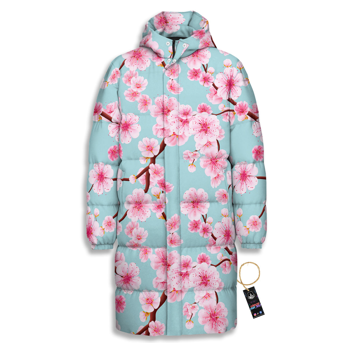 Cherry Blossom White Print Pattern Long Down Jacket-grizzshop