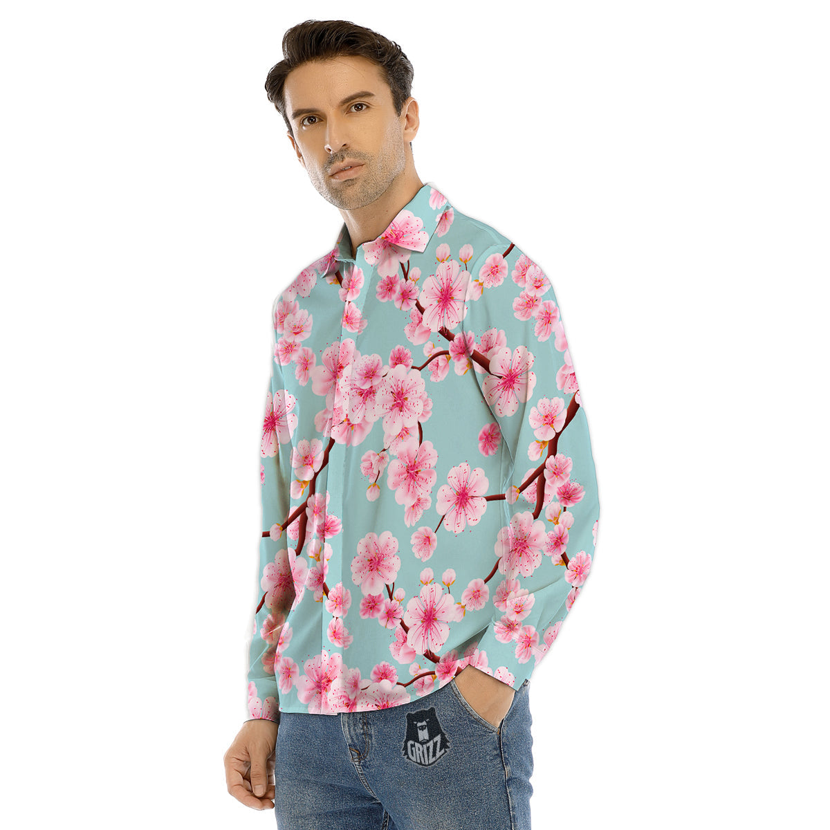 Cherry Blossom White Print Pattern Men's Dress Shirts-grizzshop