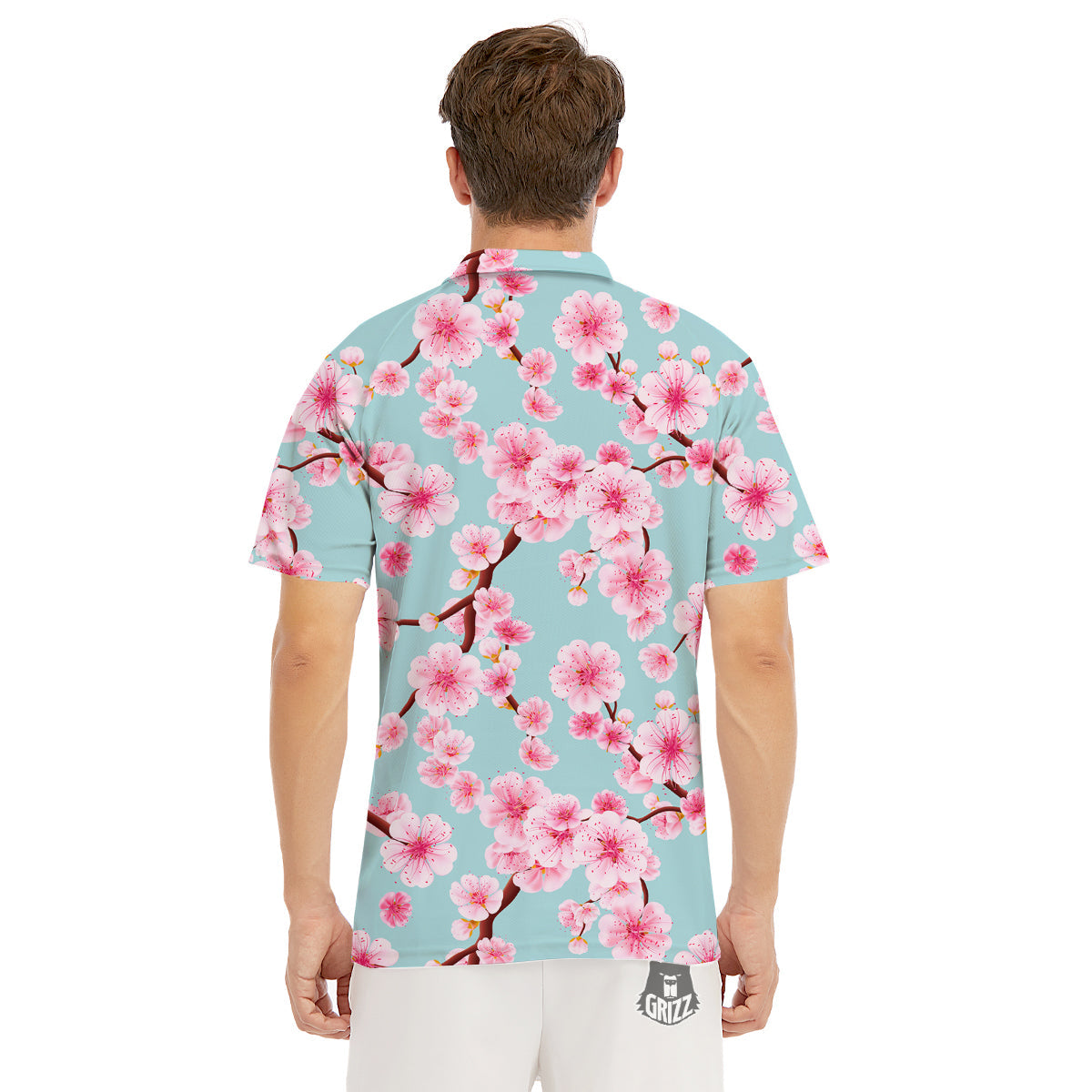 Cherry Blossom White Print Pattern Men's Golf Shirts-grizzshop