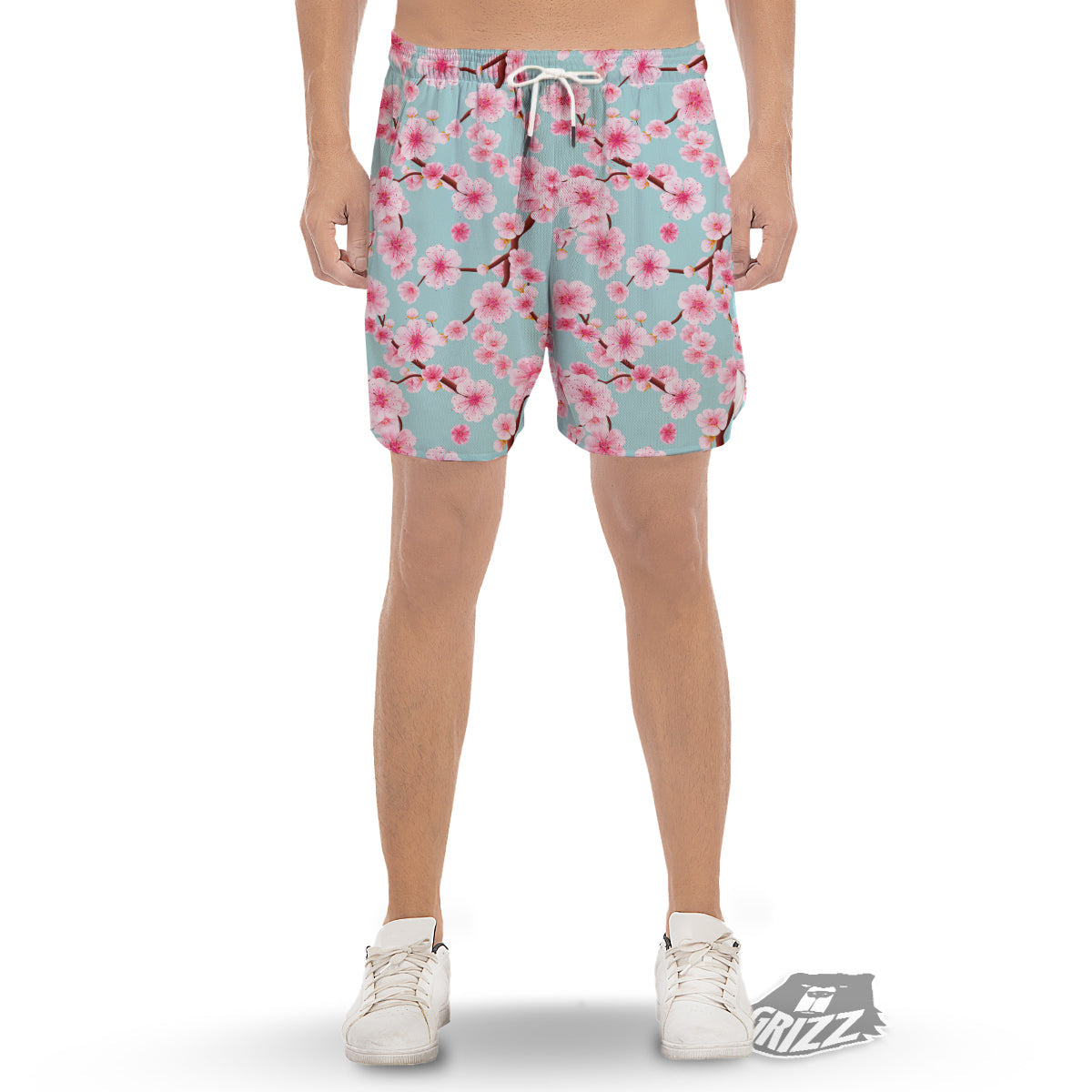 Cherry Blossom White Print Pattern Men's Gym Shorts-grizzshop