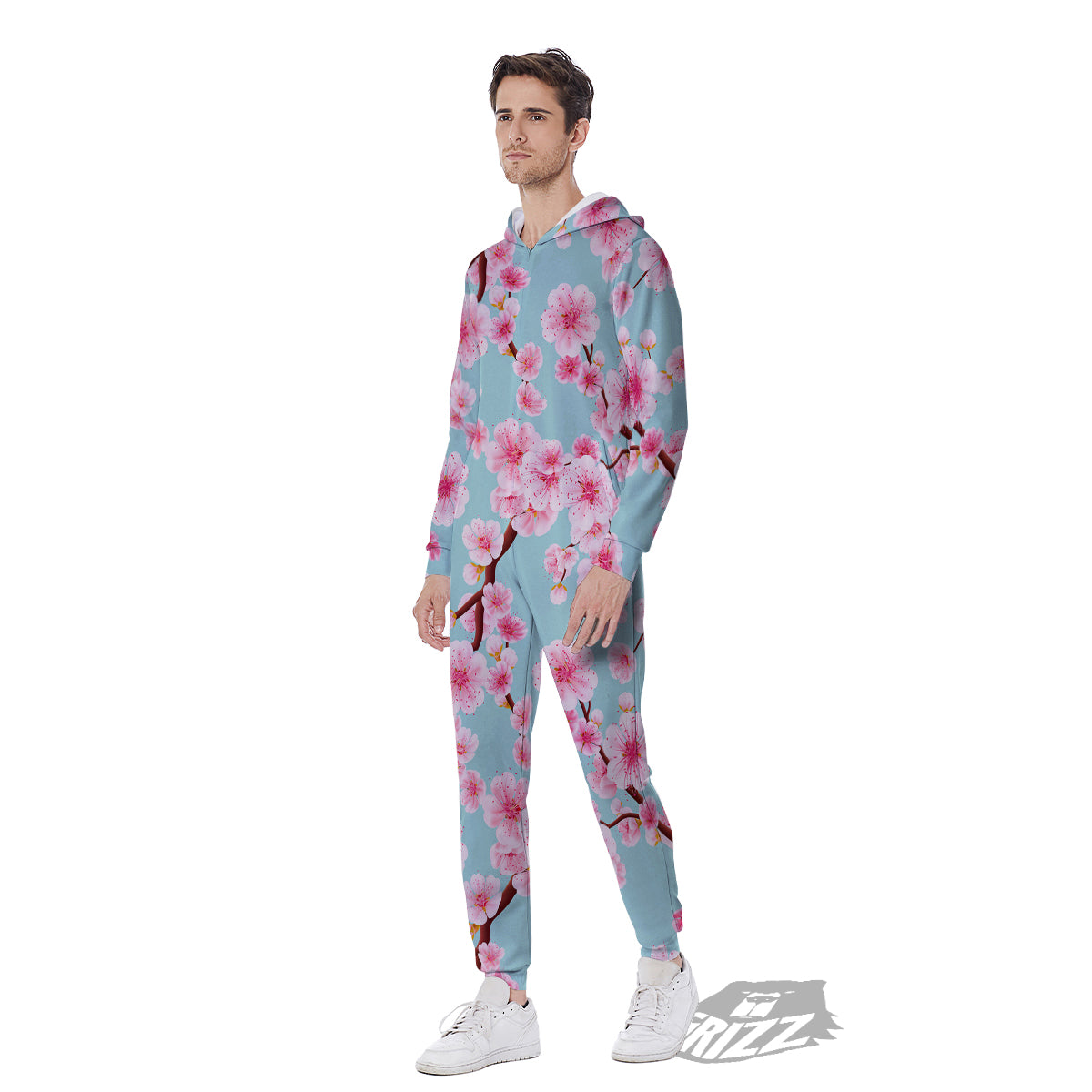 Cherry Blossom White Print Pattern Men's Jumpsuit-grizzshop