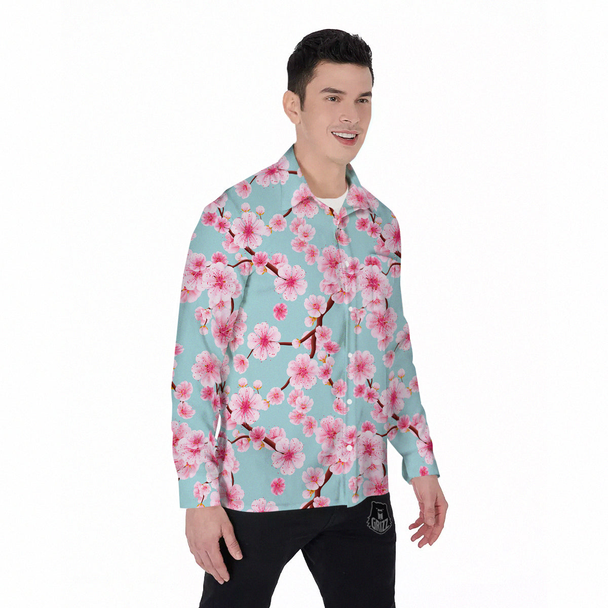 Cherry Blossom White Print Pattern Men's Long Sleeve Shirts-grizzshop