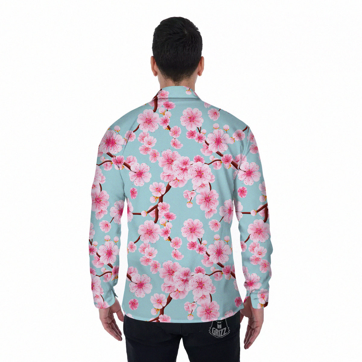 Cherry Blossom White Print Pattern Men's Long Sleeve Shirts-grizzshop