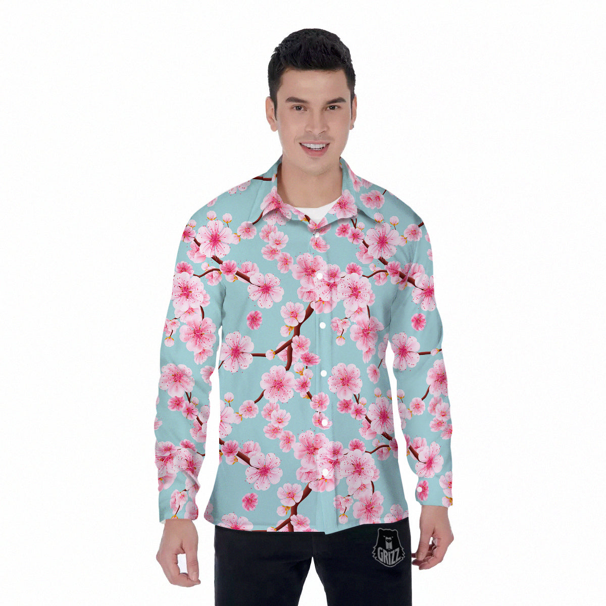 Cherry Blossom White Print Pattern Men's Long Sleeve Shirts-grizzshop