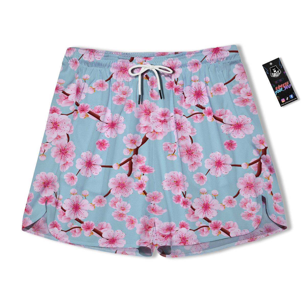 Cherry Blossom White Print Pattern Men's Running Shorts-grizzshop