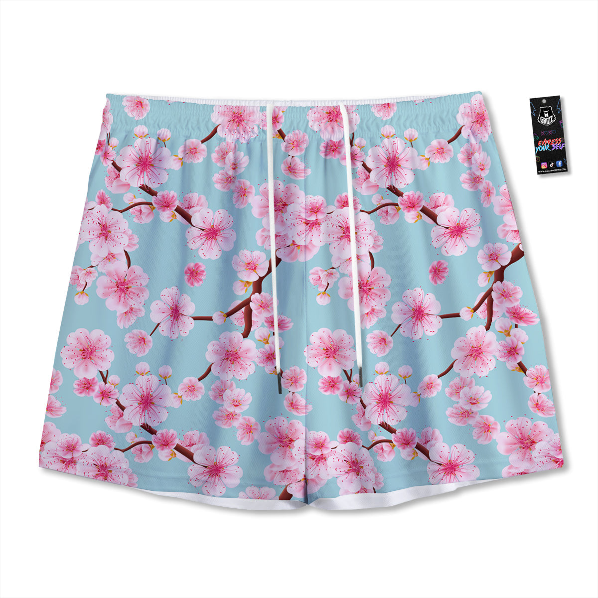 Cherry Blossom White Print Pattern Mesh Shorts