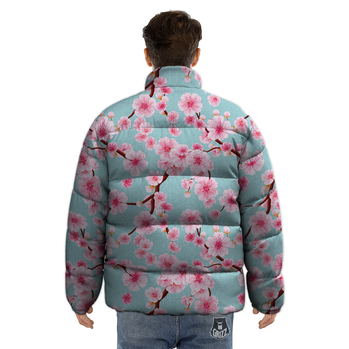 Cherry Blossom White Print Pattern Puffer Jacket-grizzshop
