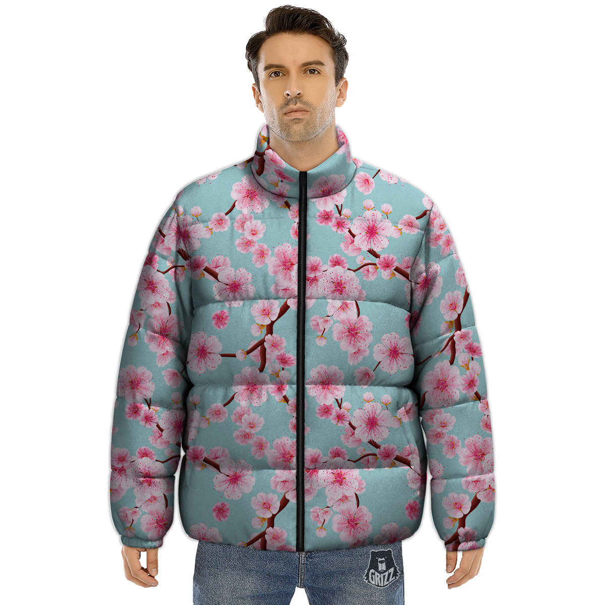 Cherry Blossom White Print Pattern Puffer Jacket-grizzshop