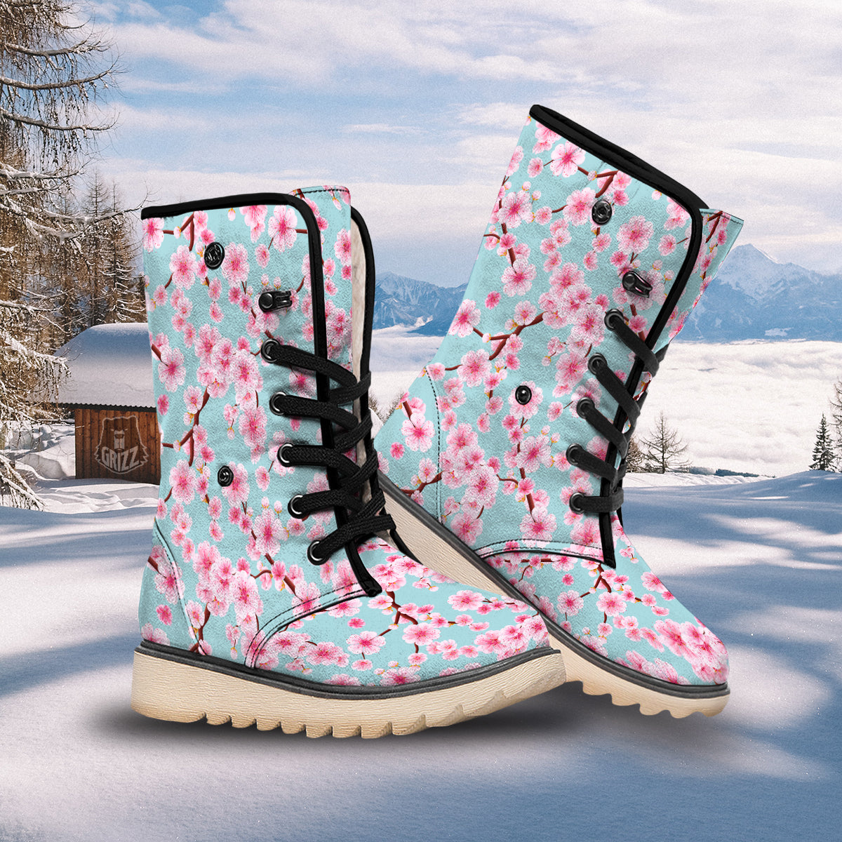 Cherry Blossom White Print Pattern Snow Boots-grizzshop
