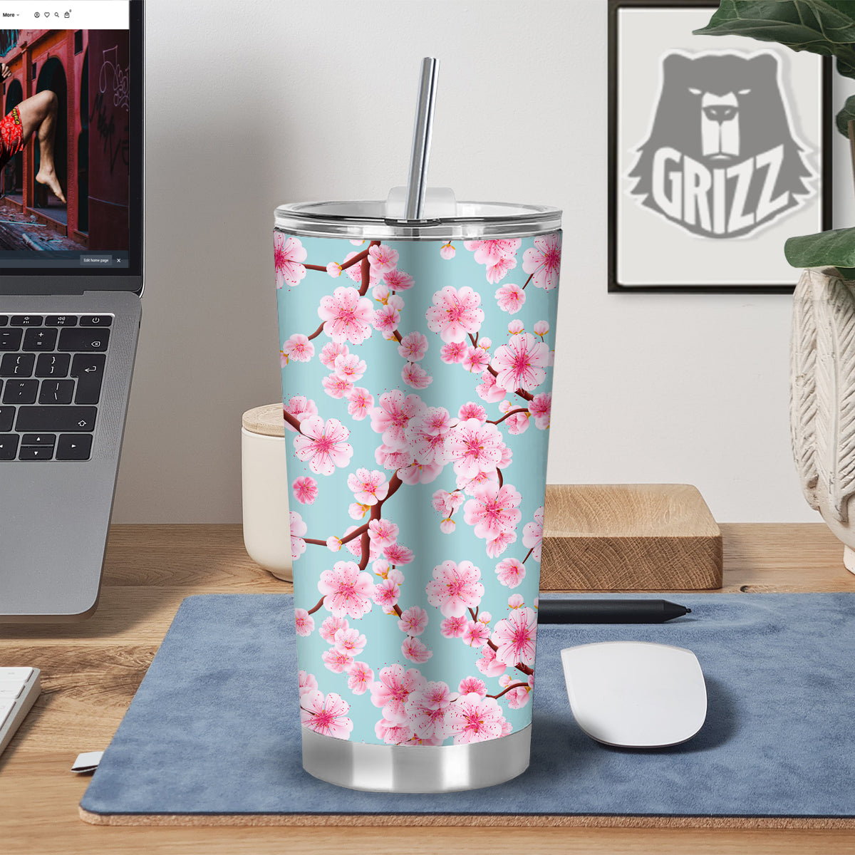 Cherry Blossom White Print Pattern Tumbler-grizzshop