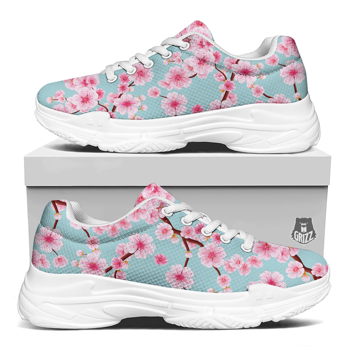 Cherry Blossom White Print Pattern White Chunky Shoes-grizzshop