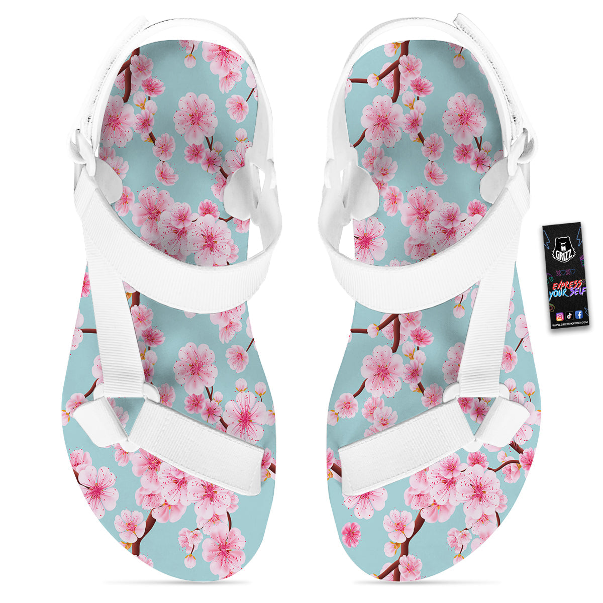 Cherry Blossom White Print Pattern White Open Toe Sandals-grizzshop