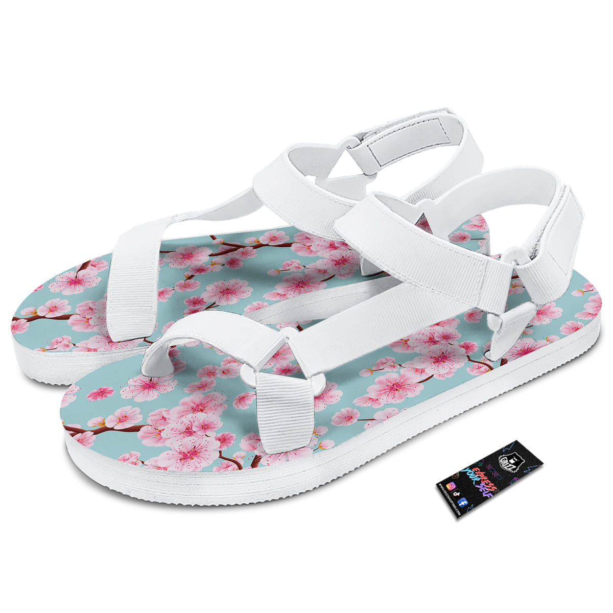 Cherry Blossom White Print Pattern White Open Toe Sandals-grizzshop