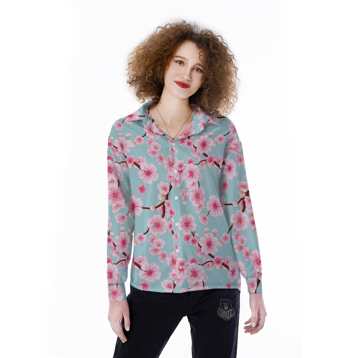 Cherry Blossom White Print Pattern Women's Long Sleeve Shirts-grizzshop