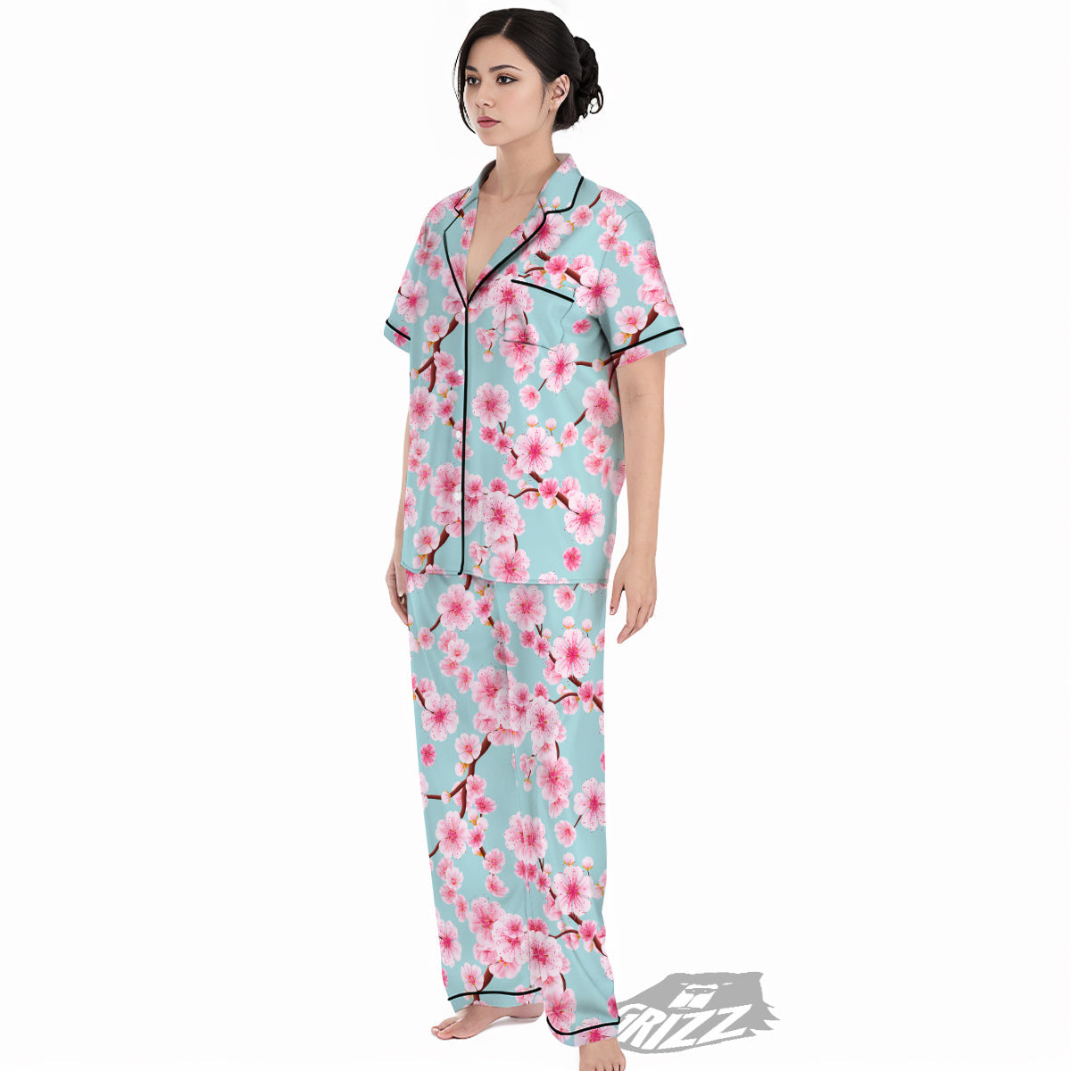 Cherry Blossom White Print Pattern Women's Pajamas Set-grizzshop