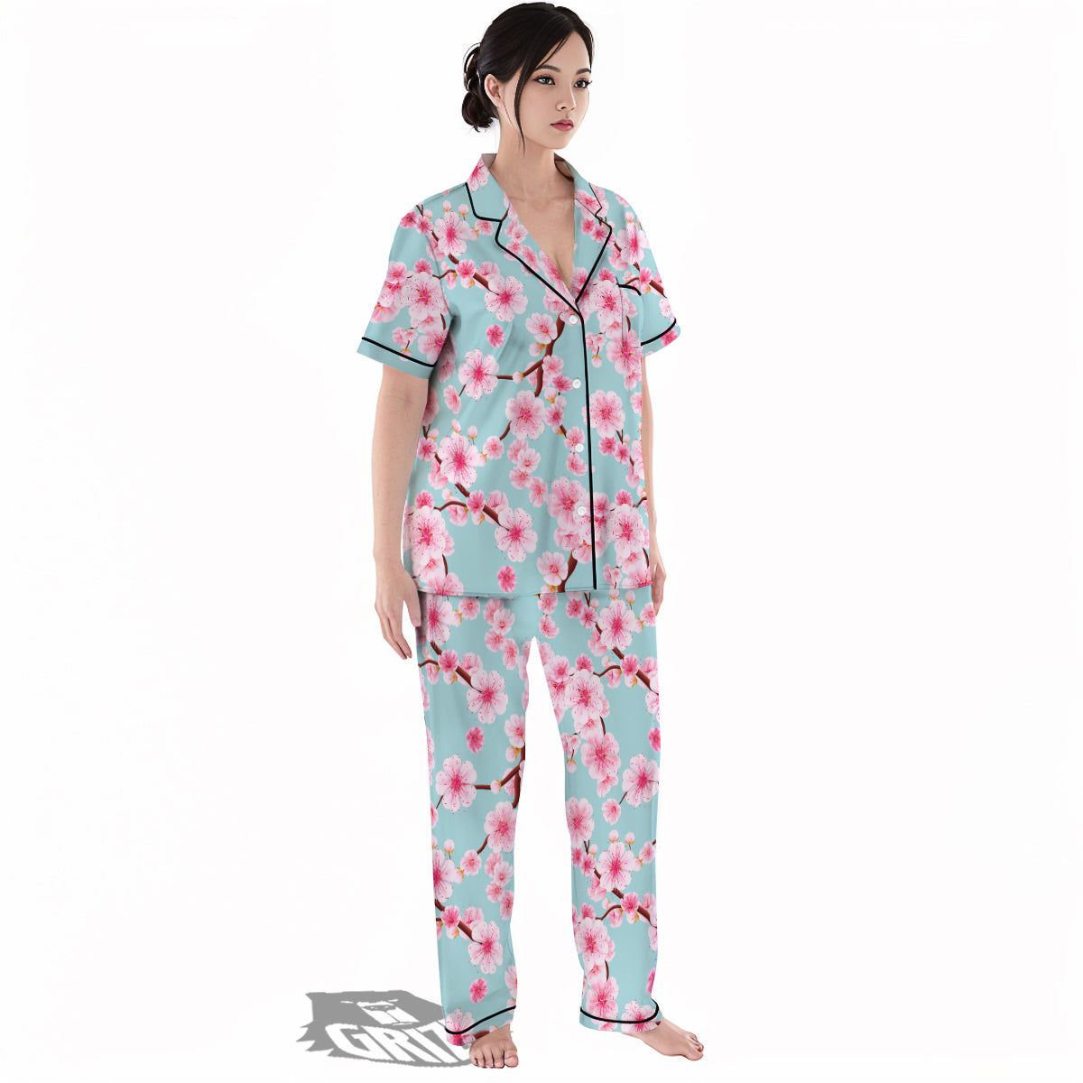 Cherry Blossom White Print Pattern Women's Pajamas Set-grizzshop