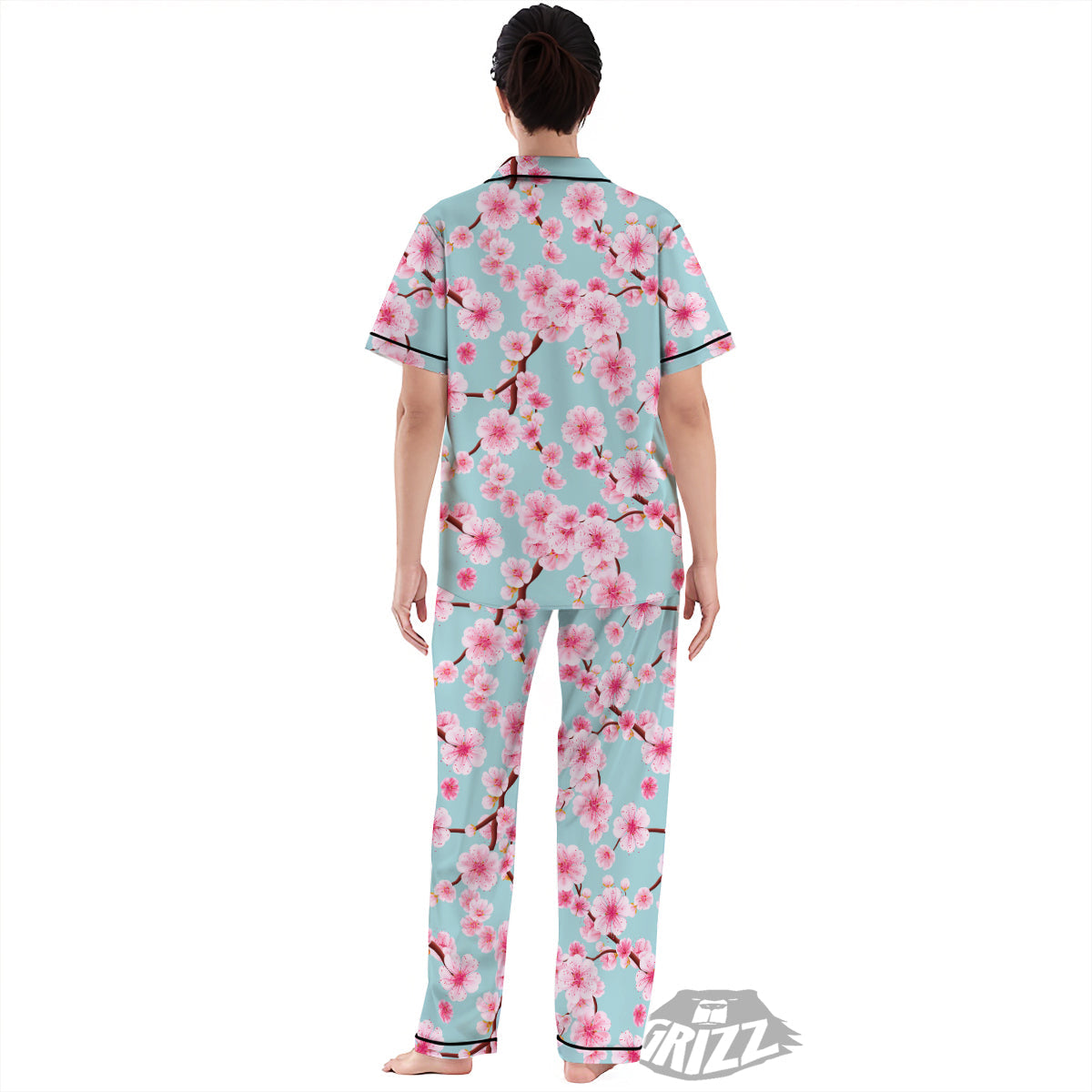 Cherry Blossom White Print Pattern Women's Pajamas Set-grizzshop
