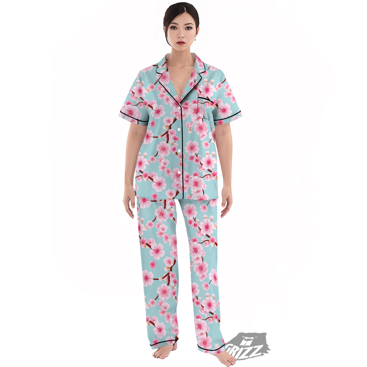 Cherry Blossom White Print Pattern Women's Pajamas Set-grizzshop