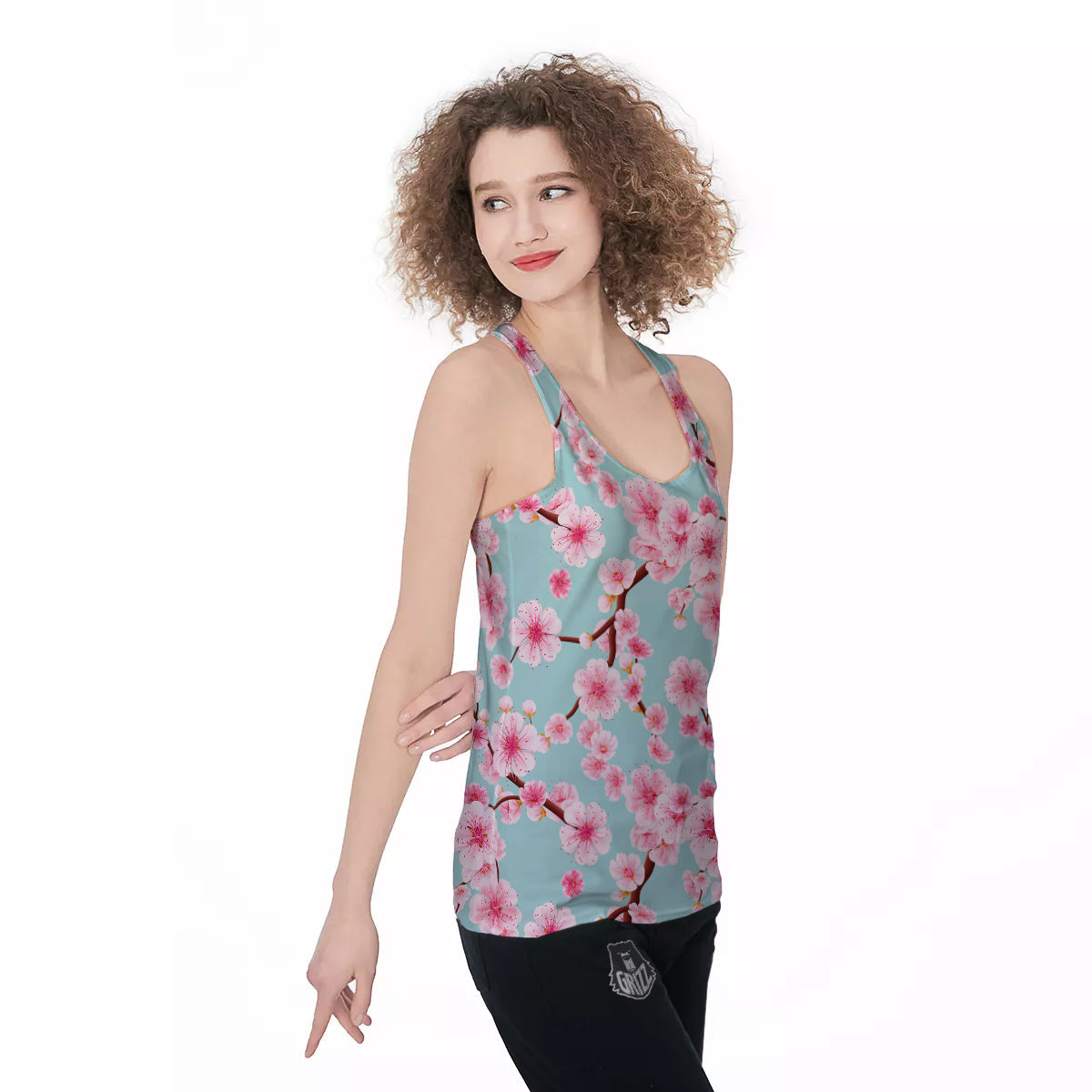Cherry Blossom White Print Pattern Women's Racerback Tank Top-grizzshop