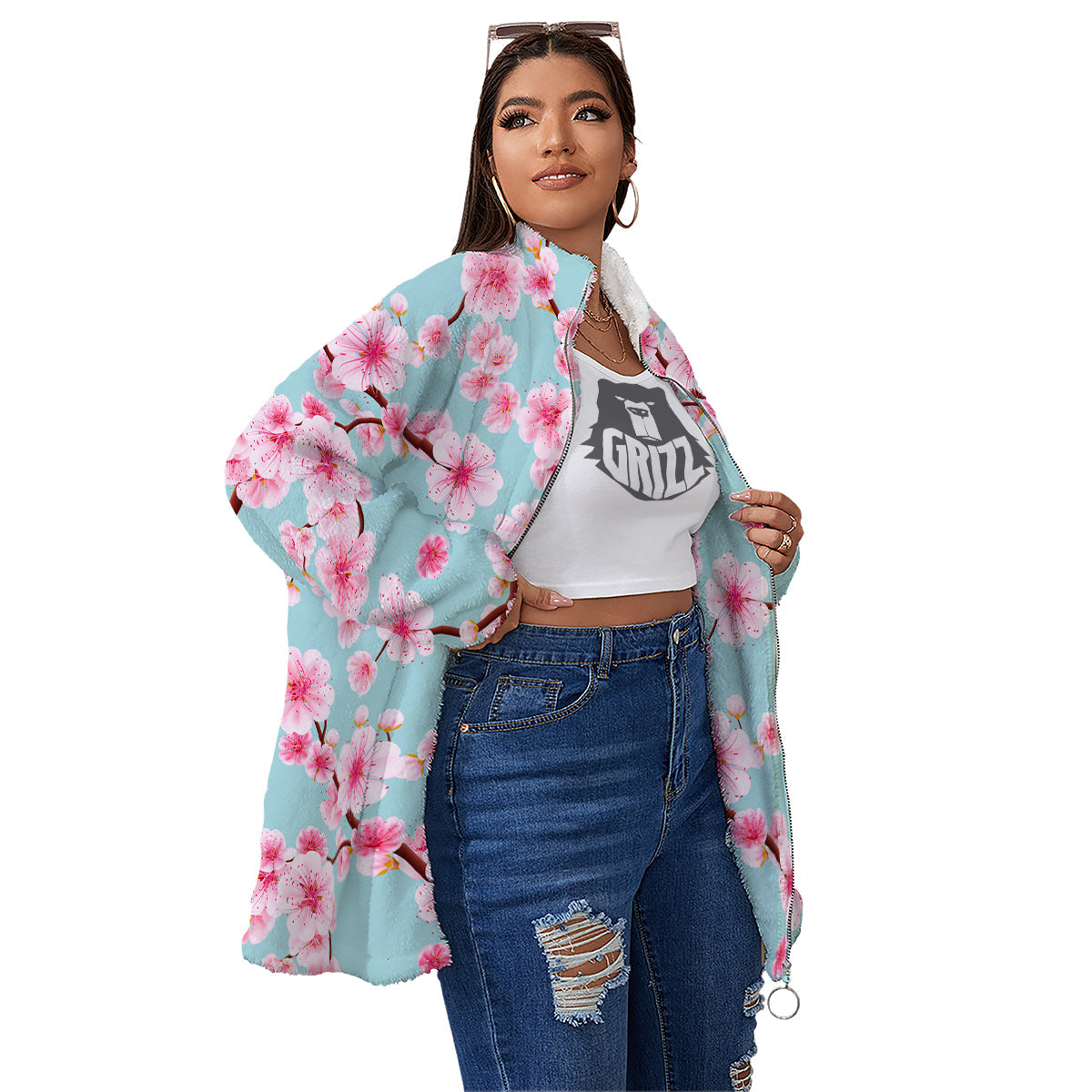 Cherry Blossom White Print Pattern Women's Sherpa Jacket-grizzshop