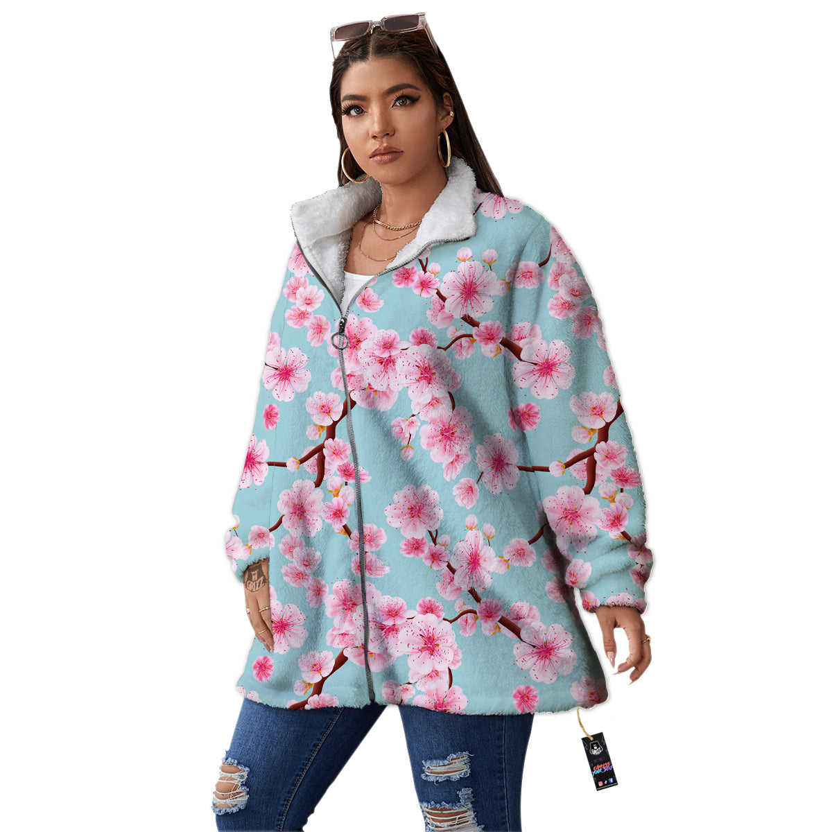Cherry Blossom White Print Pattern Women's Sherpa Jacket-grizzshop