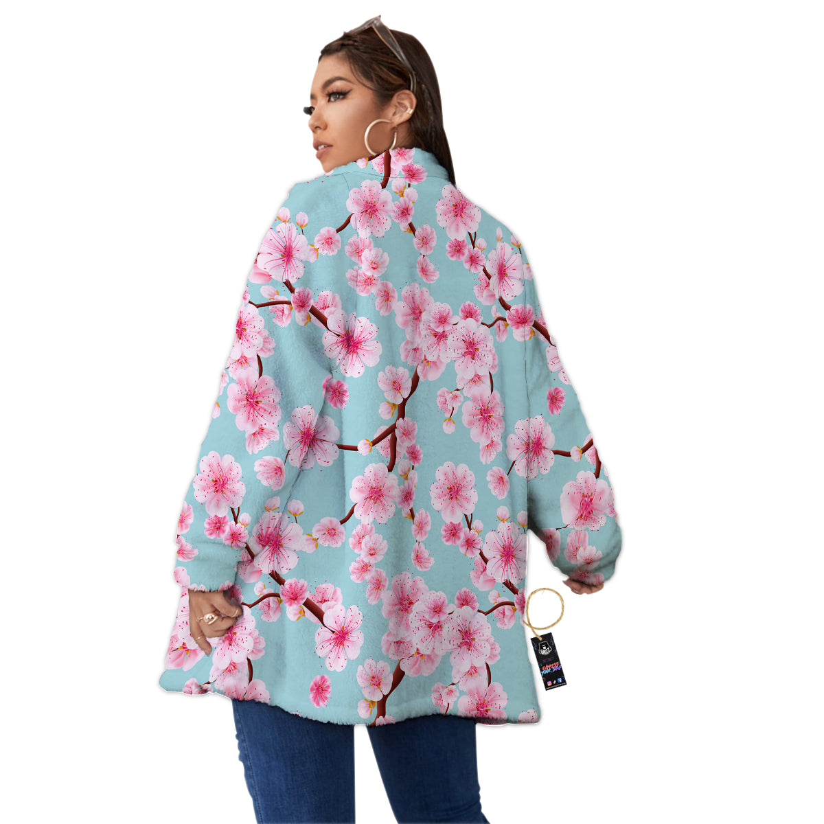 Cherry Blossom White Print Pattern Women's Sherpa Jacket-grizzshop