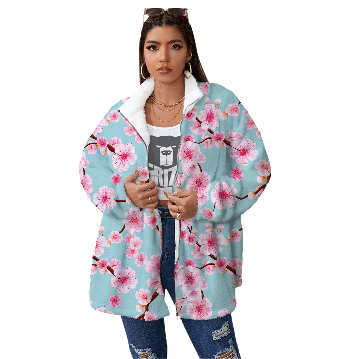 Cherry Blossom White Print Pattern Women's Sherpa Jacket-grizzshop