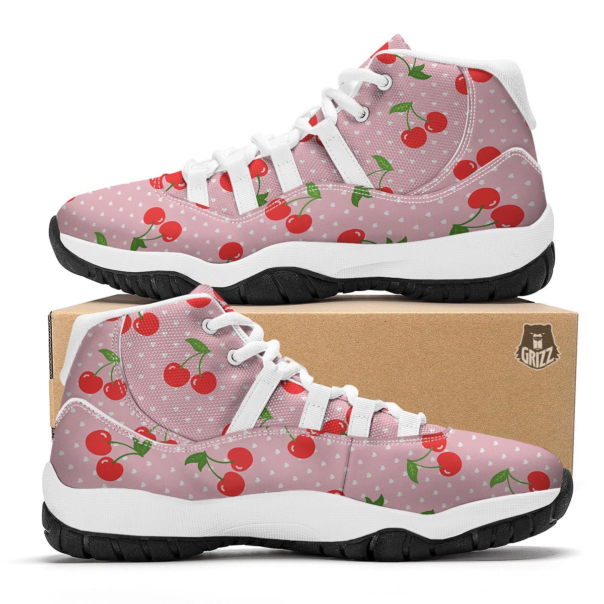 Cherry Heart Dot Pattern Print White Bball Shoes-grizzshop
