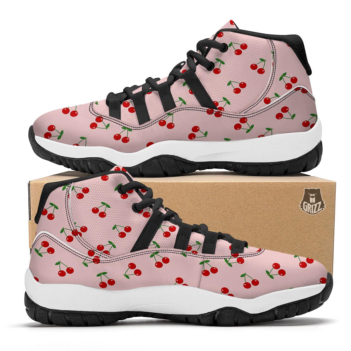 Cherry Pink Pattern Print Black Bball Shoes-grizzshop
