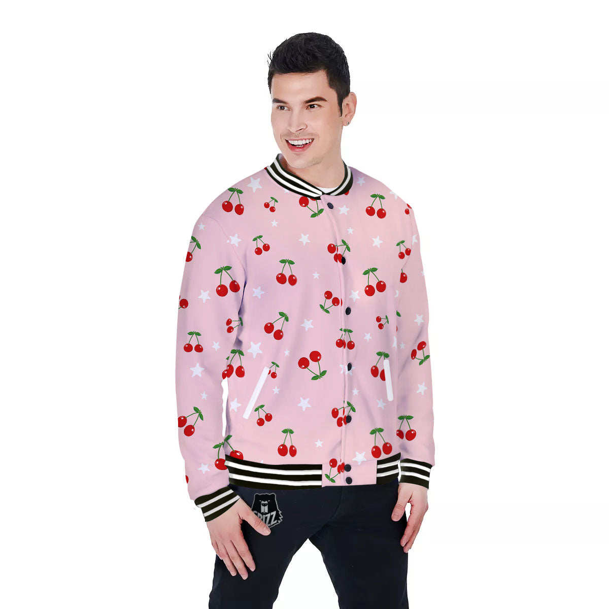 Cherry Pink Print Pattern Baseball Jacket-grizzshop