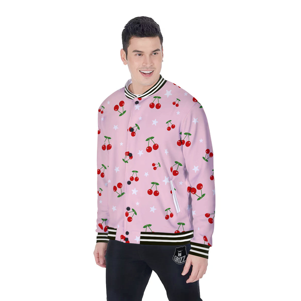 Cherry Pink Print Pattern Baseball Jacket-grizzshop