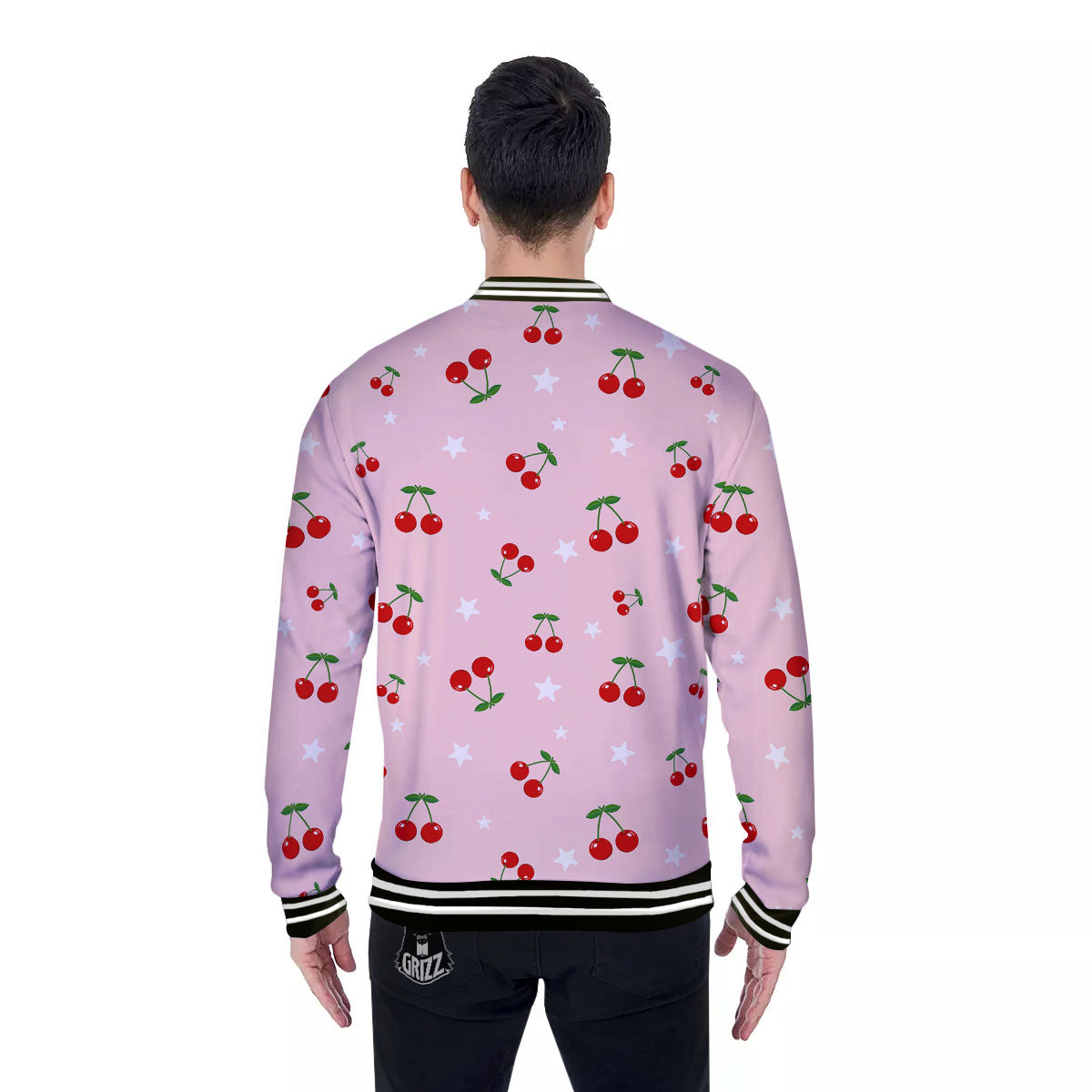 Cherry Pink Print Pattern Baseball Jacket-grizzshop