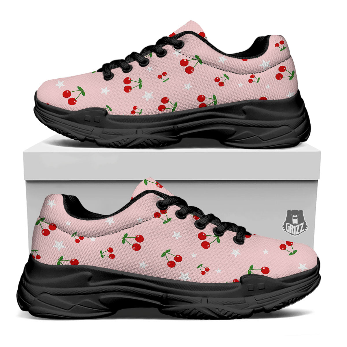 Cherry Pink Print Pattern Black Chunky Shoes-grizzshop