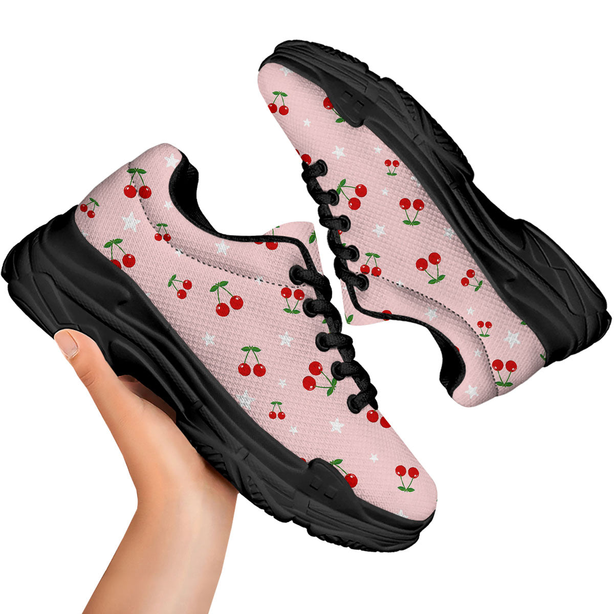 Cherry Pink Print Pattern Black Chunky Shoes-grizzshop