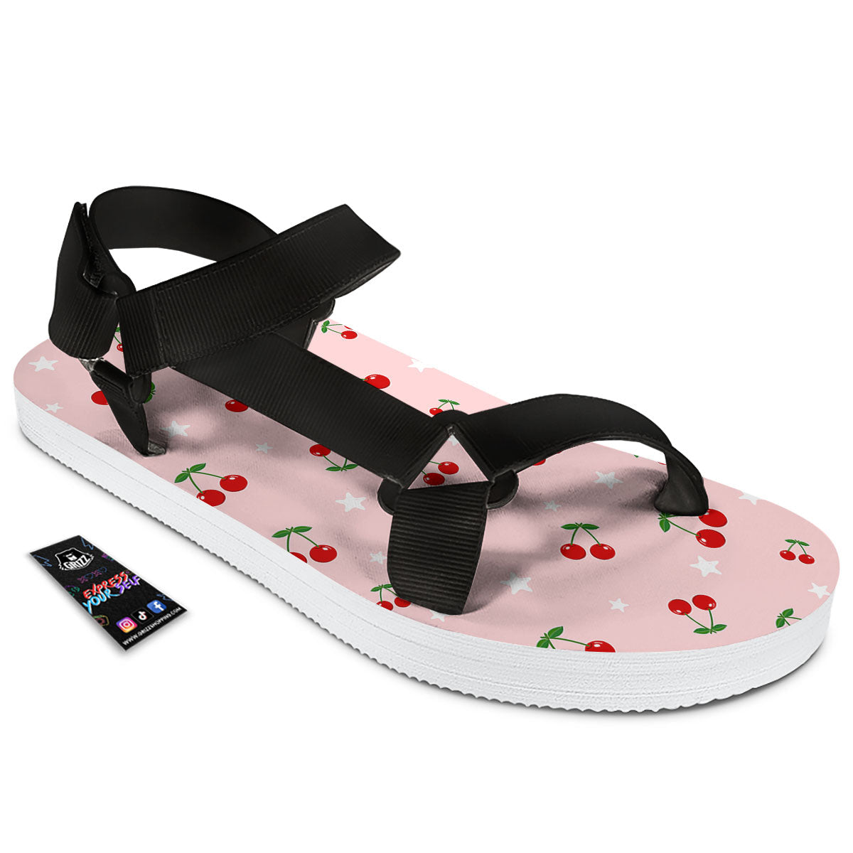 Cherry Pink Print Pattern Black Open Toe Sandals-grizzshop