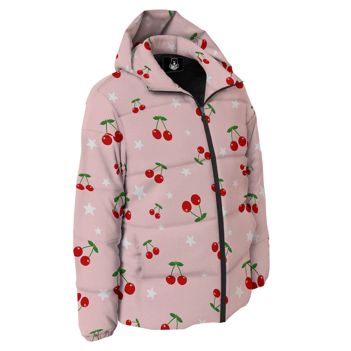 Cherry Pink Print Pattern Down Jacket-grizzshop