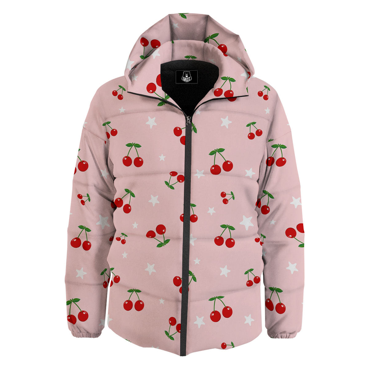 Cherry Pink Print Pattern Down Jacket-grizzshop