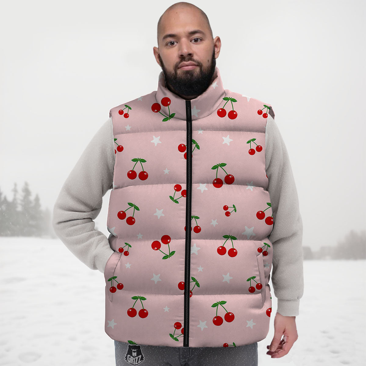 Cherry Pink Print Pattern Down Vest-grizzshop