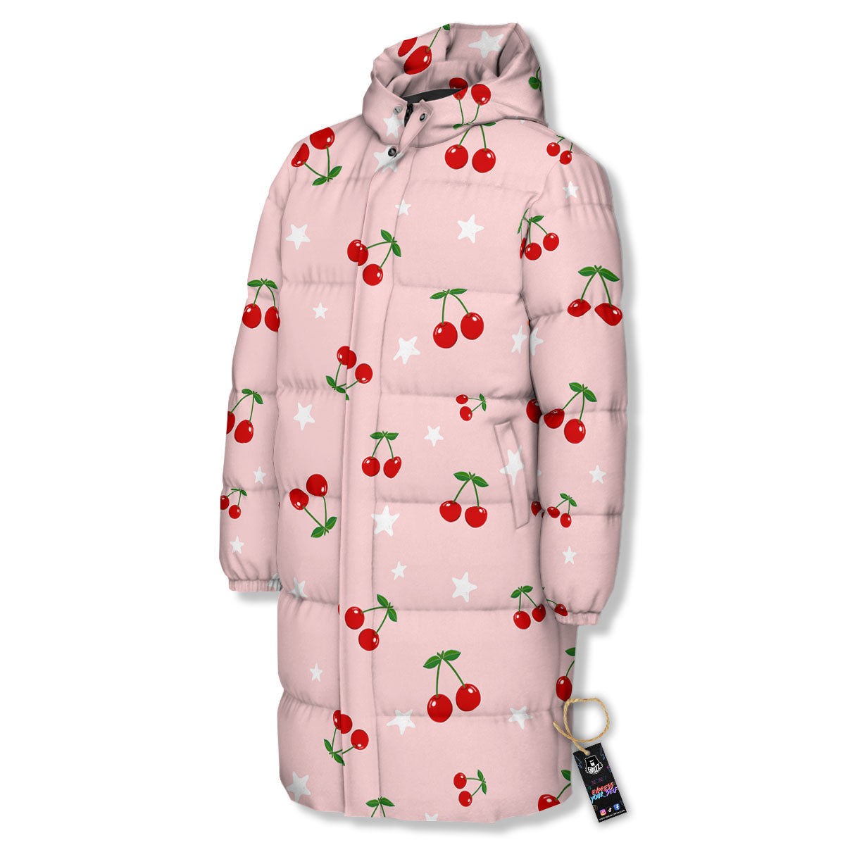 Cherry Pink Print Pattern Long Down Jacket-grizzshop