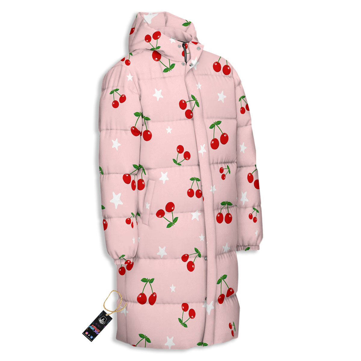 Cherry Pink Print Pattern Long Down Jacket-grizzshop