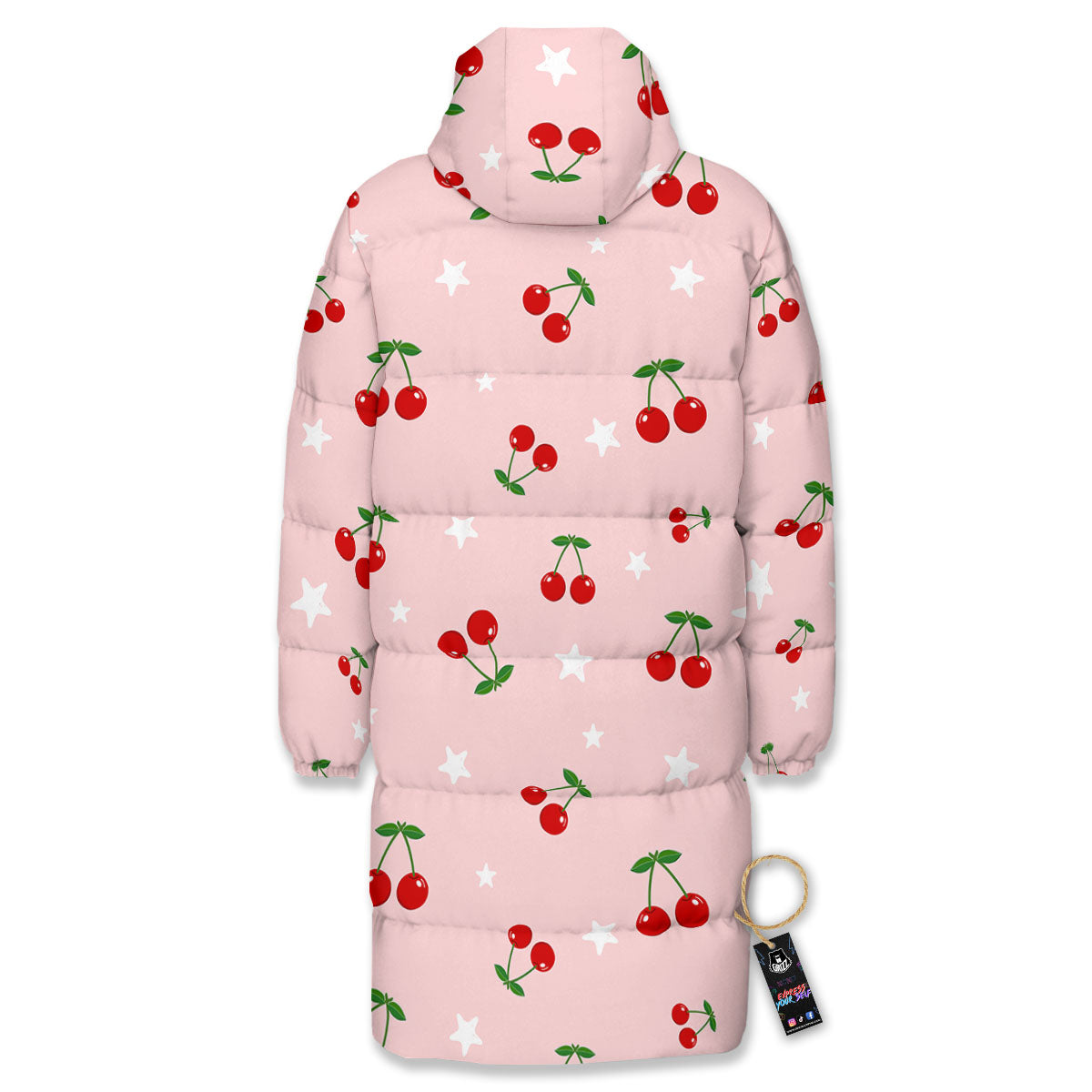 Cherry Pink Print Pattern Long Down Jacket-grizzshop