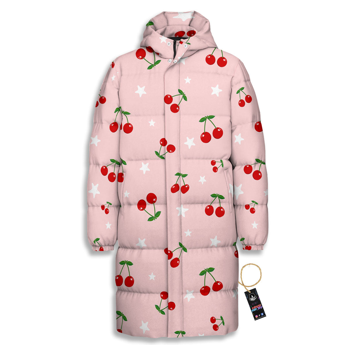 Cherry Pink Print Pattern Long Down Jacket-grizzshop