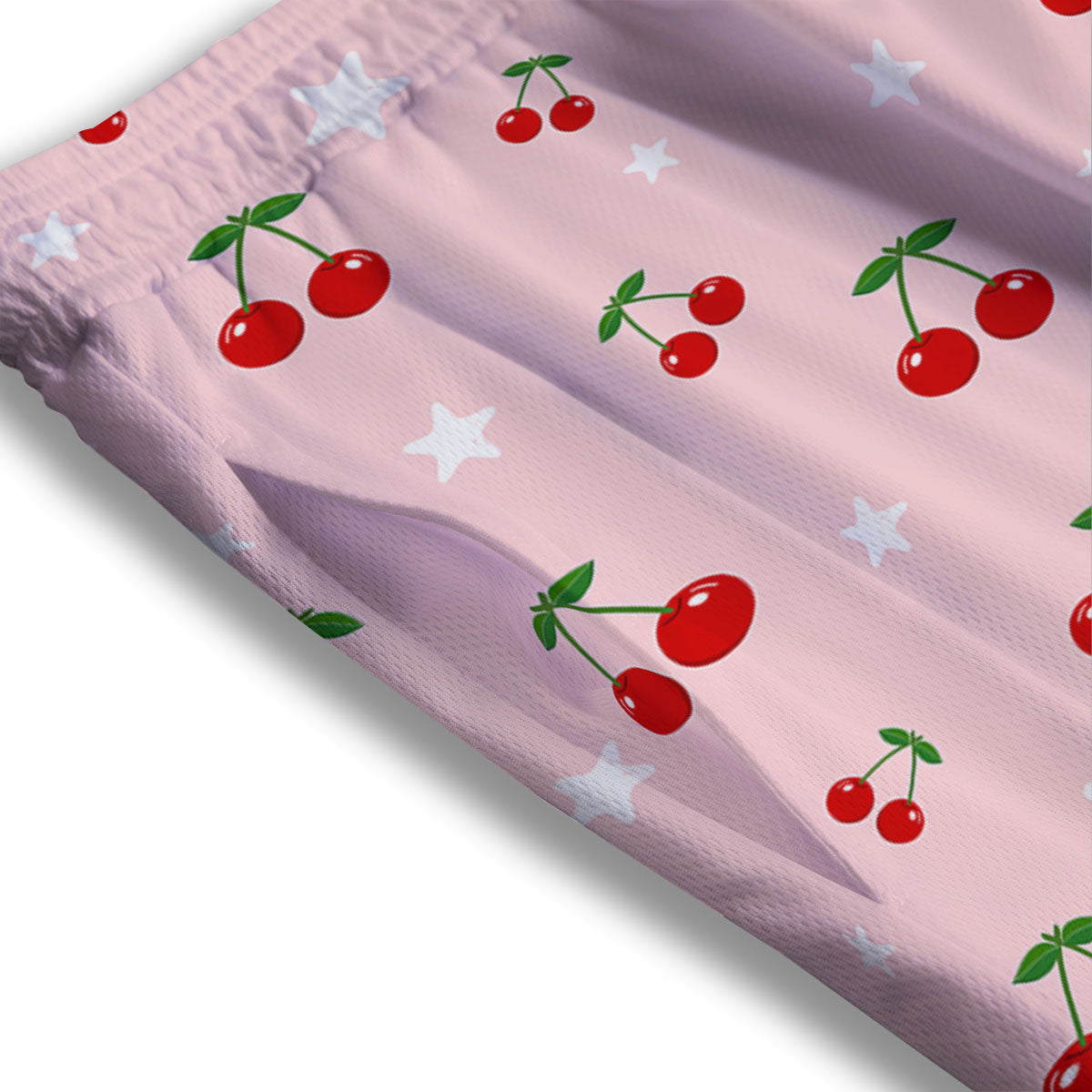 Cherry Pink Print Pattern Mesh Shorts-grizzshop