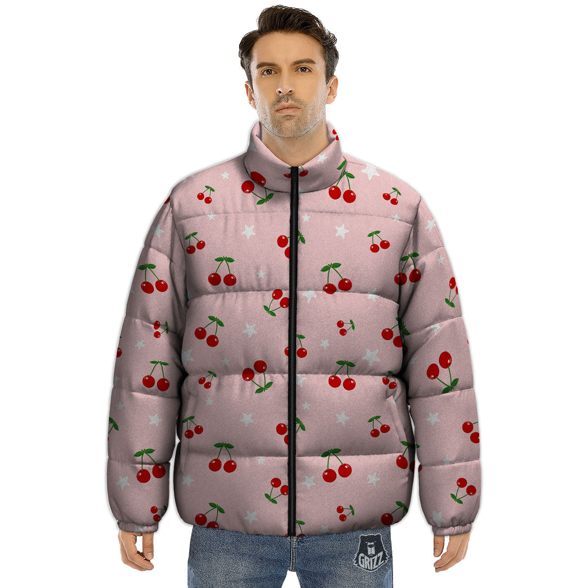 Cherry Pink Print Pattern Puffer Jacket-grizzshop